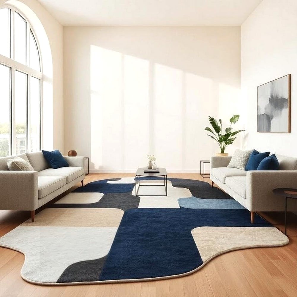 Handcrafted Blue Grey Abstract Modern Living Rug